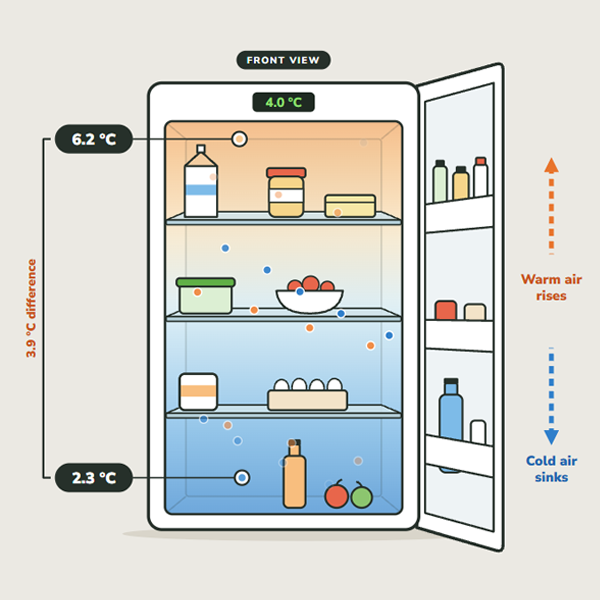 A refrigerator’s temperature can vary from one area to another and change during use. A single reading captures only one moment.